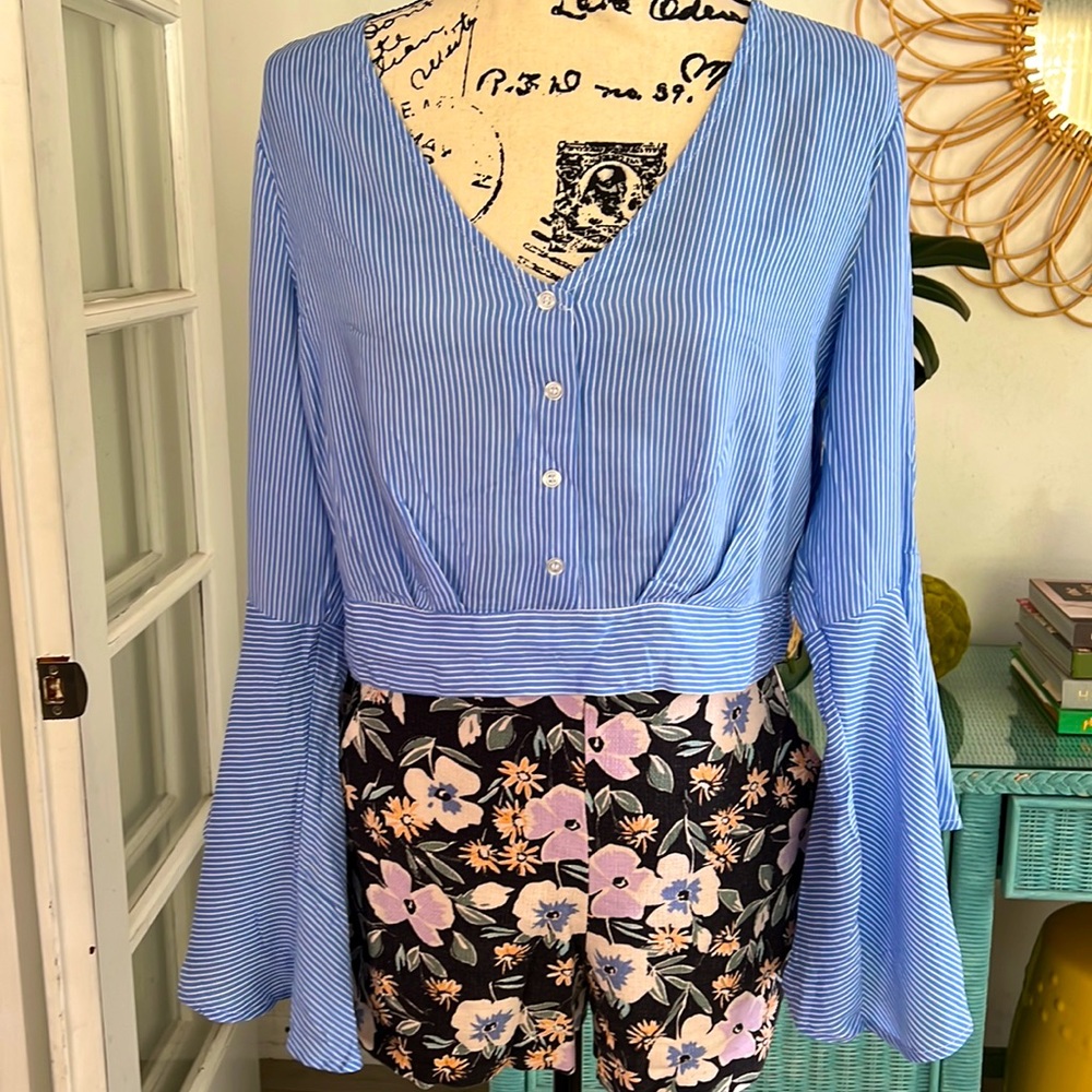 White and blue stripes blouse with flare sleeves